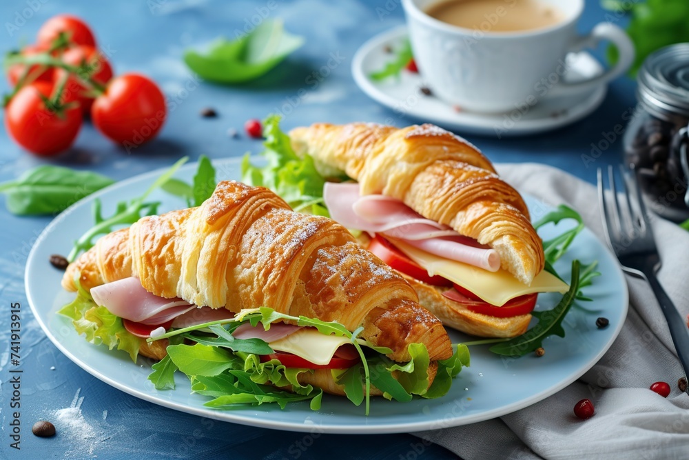 delicious croissant with ham, cheese and vegetables and a cup of coffee delicious croissant with ham, cheese and vegetables and a cup of coffee