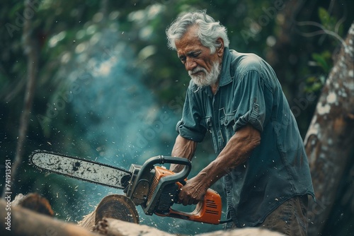 Retraité actif scie du bois dans la forêt