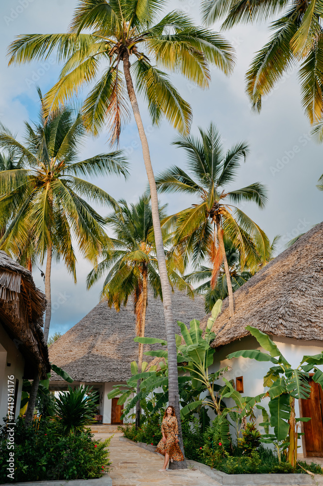 Tropical houses in tropical location surrounded by the palm trees.