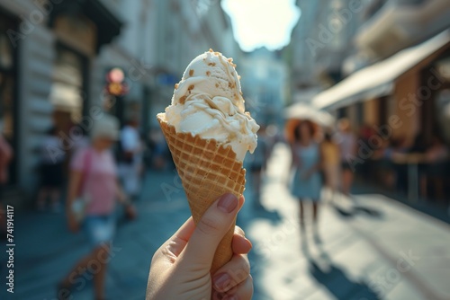 young woman enjoys an ice cream cone in her hand