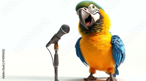 A charming 3D parrot, equipped with a professional microphone and script, ready to dazzle as a voice actor. With its adorable appearance and vibrant feathers, this talented parrot is perfect