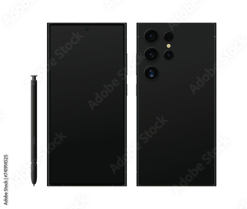 Black version of a smartphone similar to Samsung Galaxy S24 Ultra with front and back view and S-Pen