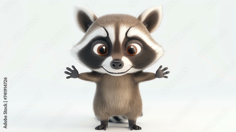 A captivating 3D rendering of an adorable raccoon depicted against a pristine white backdrop. Ideal for adding a touch of charm and whimsy to any project.