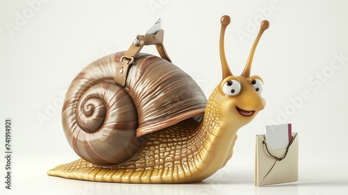 A delightful 3D illustration featuring an adorable snail, dressed as a mail carrier, equipped with a mail bag overflowing with colorful letters. This charming image portrays the snail's dedi