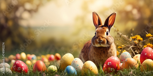 cute easter bunny rabbit with colorful painted eggs on green meadow with flowers springtime background. seasonal holiday concept. © stockphoto-graf
