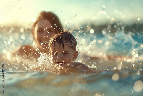 mother and her son swimming and playing in the sea
