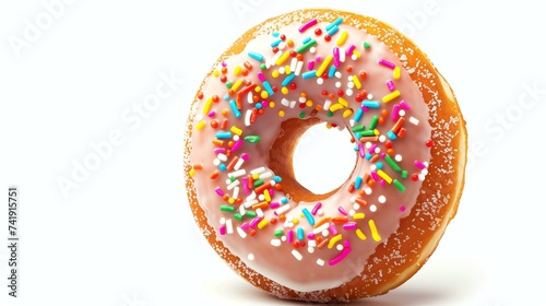 A delectable 3D rendered donut icon, topped with colorful sprinkles, tempts with its sweet allure. Perfectly isolated on a pristine white background, this simple yet irresistible treat symbo