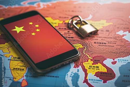 a chinese flag on a smart phone, a map of china and a padlock