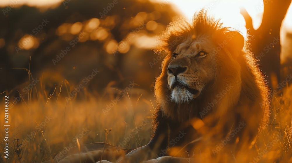 Captivating golden-hour image of a regal lion in the wild, basking in the soft glow of the setting sun. Its majestic presence and stunning fur are beautifully highlighted in this awe-inspiri - obrazy, fototapety, plakaty 