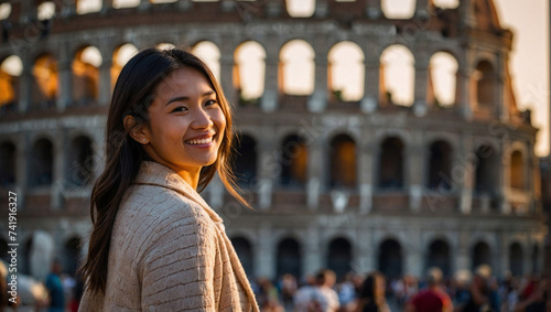 Ragazza di origini asiatiche in vacanza in Italia a Roma posa per una foto al tramonto vicino al Colosseo photo