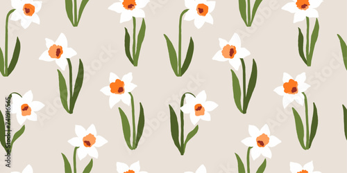 Modern seamless pattern with daffodil flowers. Hand-drawn spring flowers