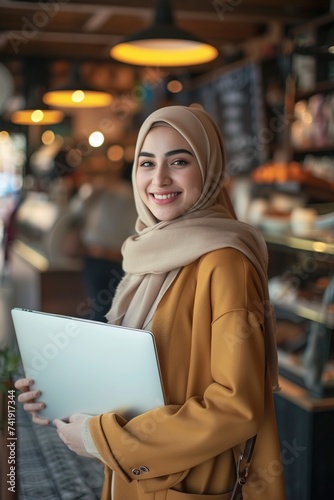 young woman with hijab holding a laptop in her hands