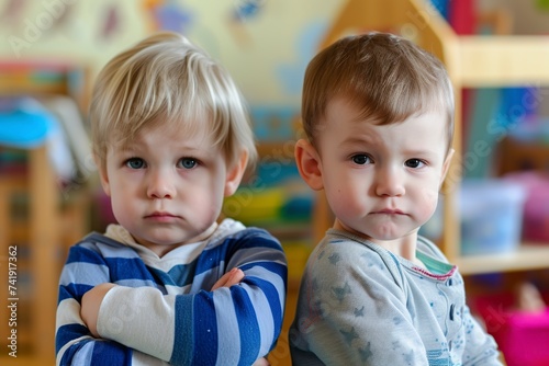 two little children in kindergarten posing in front of the camera