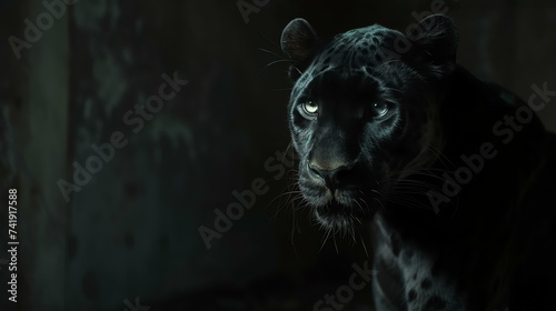Enigmatic black panther lurking in captivating shadows, its fierce gaze piercing through darkness.