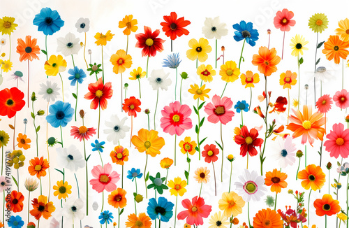Colorful assortment of flowers in watercolor on white background