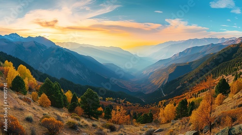 A breathtaking panoramic view captures the majestic beauty of a mountain range during the enchanting autumn season. Vibrant foliage, painted in hues of red, orange, and gold, adds a stunning