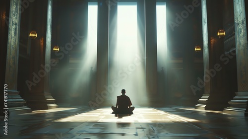 Serene monk meditates in historic temple as sunlight bathes the room, evoking a deeply spiritual ambiance.