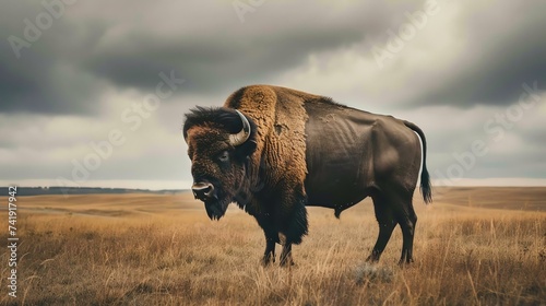 Majestic buffalo standing confidently in a serene, grassy meadow as the dramatic clouds cascade above.