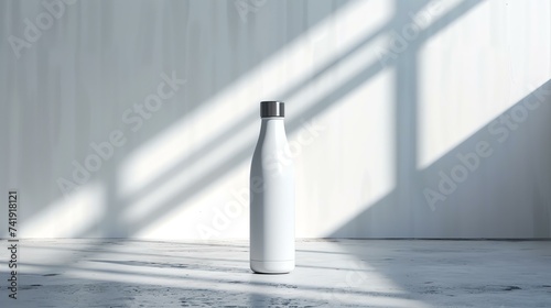 A sleek and eco-friendly reusable white water bottle takes center stage in a clean and minimalist setting, adding a touch of modern sophistication to any environment.
