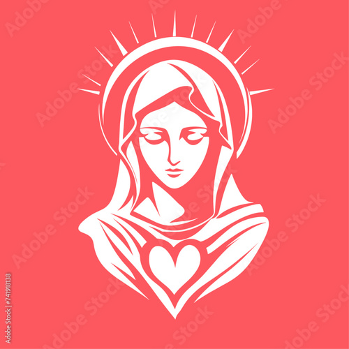 Our Lady Virgin Mary Mother of Jesus, Holy Mary, madonna, vector illustration, black and red heart, printable, suitable for logo, sign, tattoo, laser cutting, sticker and other print on demand