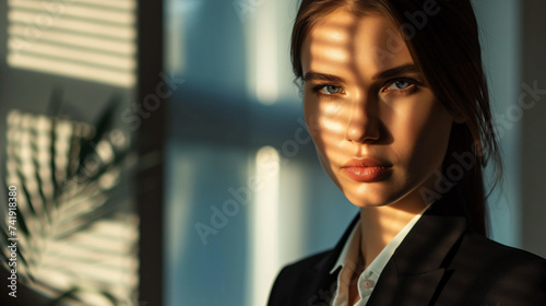 A determined and driven woman in her 30s exudes professionalism as she gazes intently at the camera. Her sleek and straight hair adds to her polished appearance. This image captures her stro photo