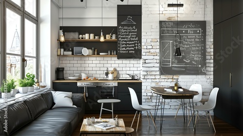 A stylish and contemporary kitchen featuring a trendy chalkboard wall and sleek white brick accents. Perfect for those seeking a modern and creative space to cook and entertain.