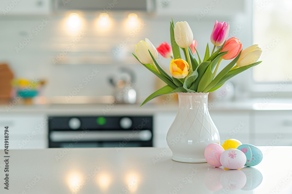 Fresh tulips in a white vase on a modern kitchen counter, accompanied by painted Easter eggs, symbolizing spring and renewal.