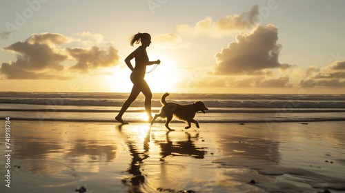A serene and vibrant image capturing a woman gracefully jogging with her loyal dog, against the backdrop of a breathtaking sunset over the tranquil beach. Embrace the feeling of freedom and
