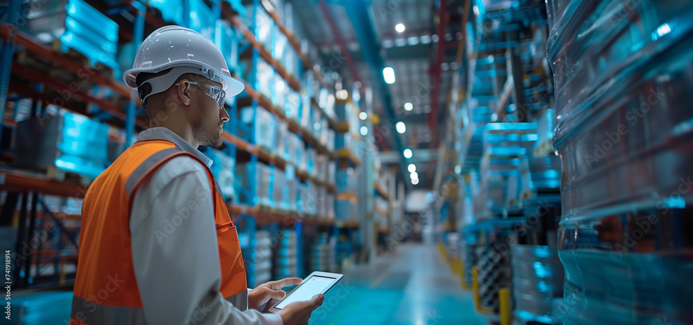 Caucasian man inspector in helmet and tablet make inspection in Huge fulfillment center of giant fulfillment center of e-commerce company with hundreds thousands of goods stored on Storage Racks. Caucasian man inspector in helmet and tablet make inspection in Huge fulfillment center of giant fulfillment center of e-commerce company with hundreds thousands of goods stored on Storage Racks.