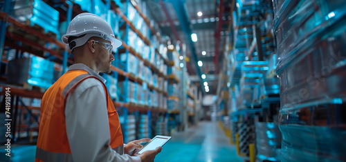Caucasian man inspector in helmet and tablet make inspection in Huge fulfillment center of giant fulfillment center of e-commerce company with hundreds thousands of goods stored on Storage Racks.