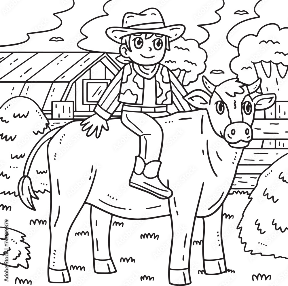 Cowboy Riding a Cattle Coloring Page for Kids