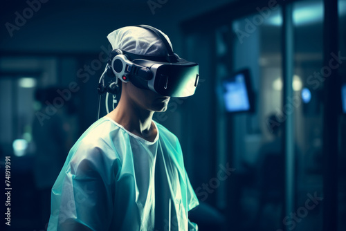 A medical professional surgeon wearing virtual reality headset in an operating theatre photo