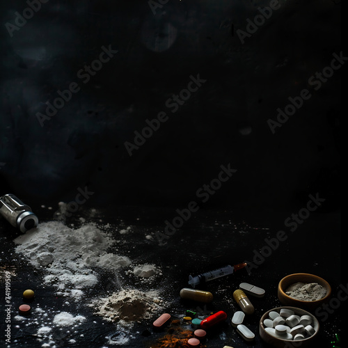 Pills and syringe on a dark background. Copy space. © Soeren