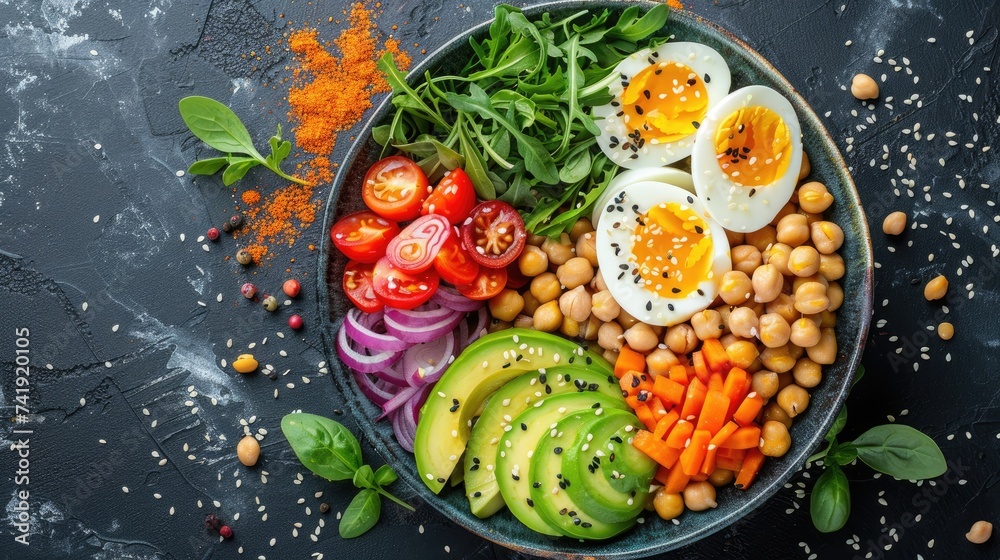 Healthy vegan lunch bowl with tomato, carrot, avocado, quail eggs, violet onion, spinach, chickpeas on a light background. vegetables salad. Top view, copy space.