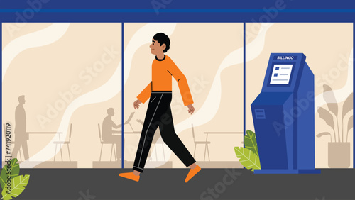 Man going after using ATM with credit card in hand and is going to take cheque. Vector picture of human hands taking money from cash machine and inserting credit card in it also man using ATM