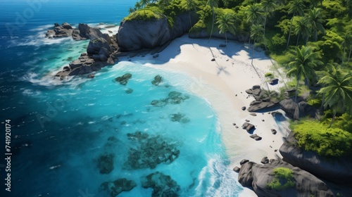 Generative AI A breathtaking overhead shot of a pristine island paradise, characterized by palm-lined shores, secluded bays, and pristine stretches of white sand.