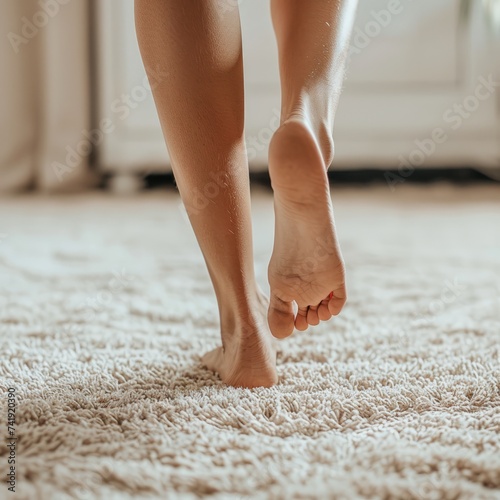 Closeup of female barefoot standing on carpet in living room at home