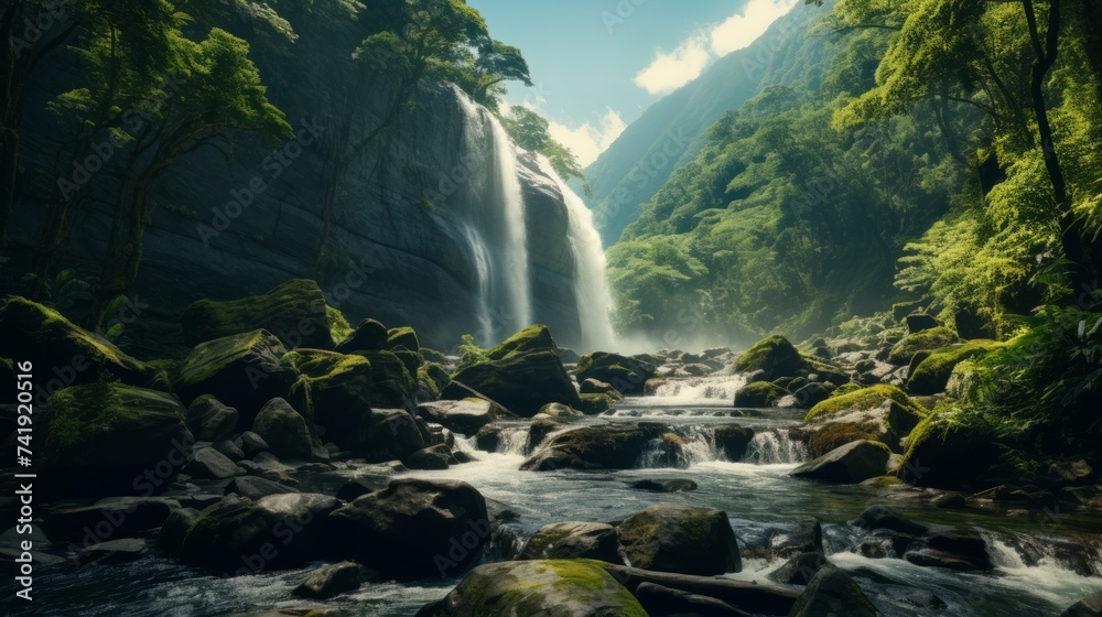 Generative AI A cascading waterfall tumbling down sheer cliffs into a pristine mountain stream, amidst lush vegetation. - obrazy, fototapety, plakaty 