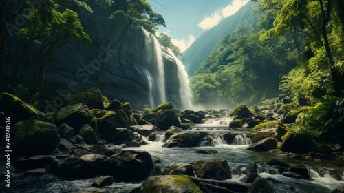 Generative AI A cascading waterfall tumbling down sheer cliffs into a pristine mountain stream, amidst lush vegetation.