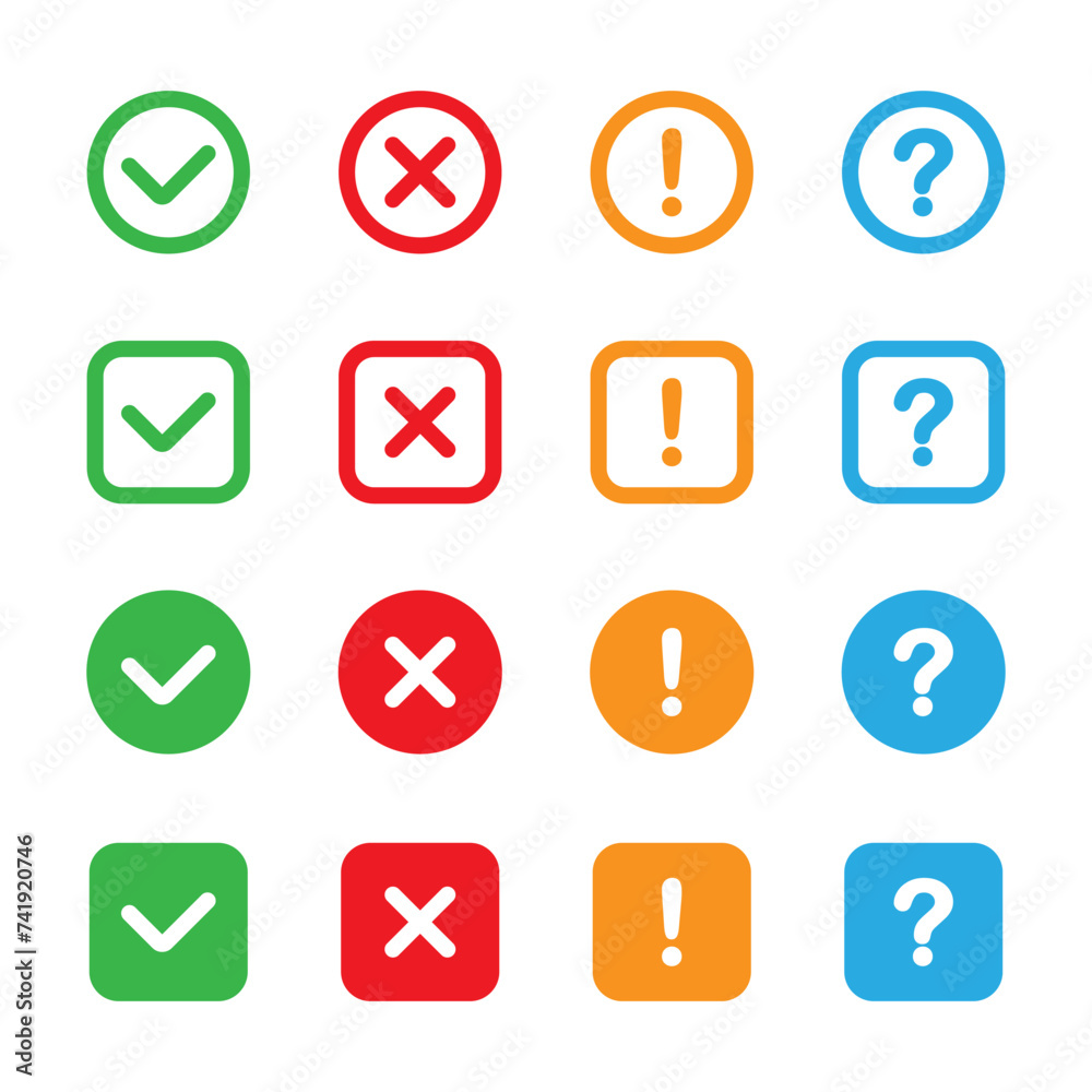 Checklist icon, check marks. Test buttons, signs or labels. tick, cross, question mark and exclamation point. Yes and no buttons. Tick, cross or question signs. True or false. Vector set Checklist icon, check marks. Test buttons, signs or labels. tick, cross, question mark and exclamation point. Yes and no buttons. Tick, cross or question signs. True or false. Vector set