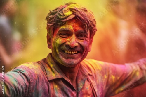 Portrait of an Indian man at the festival of colors in India, Holi. Bright colors. Throwing paints