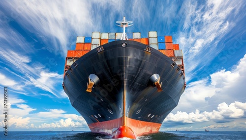 Front view of container ship fully loaded in vibrant blue ocean waters under clear sky © Ilja