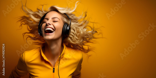 Happy and cheerful blonde woman with headphones, yellow background with copy space