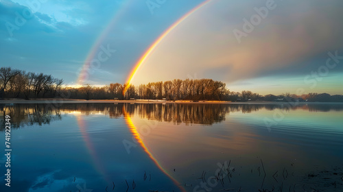 A rainbow over a lake with a reflection of a rainbow, Arafed rainbow over a lake with trees and a blue sky © Zafar