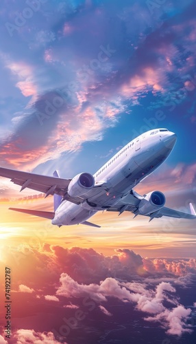 Panoramic view of a modern passenger airplane flying gracefully against a stunning sunset backdrop