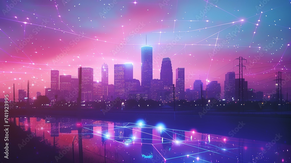 A vibrant cityscape teeming with life, intertwined with a web of digital connections, representing seamless connectivity in the modern world.
