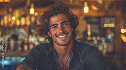 A charismatic bartender in his mid-20s, exuding warmth and approachability. With his trendy, tousled hair and welcoming smile, he effortlessly creates an inviting atmosphere at the bar. photo