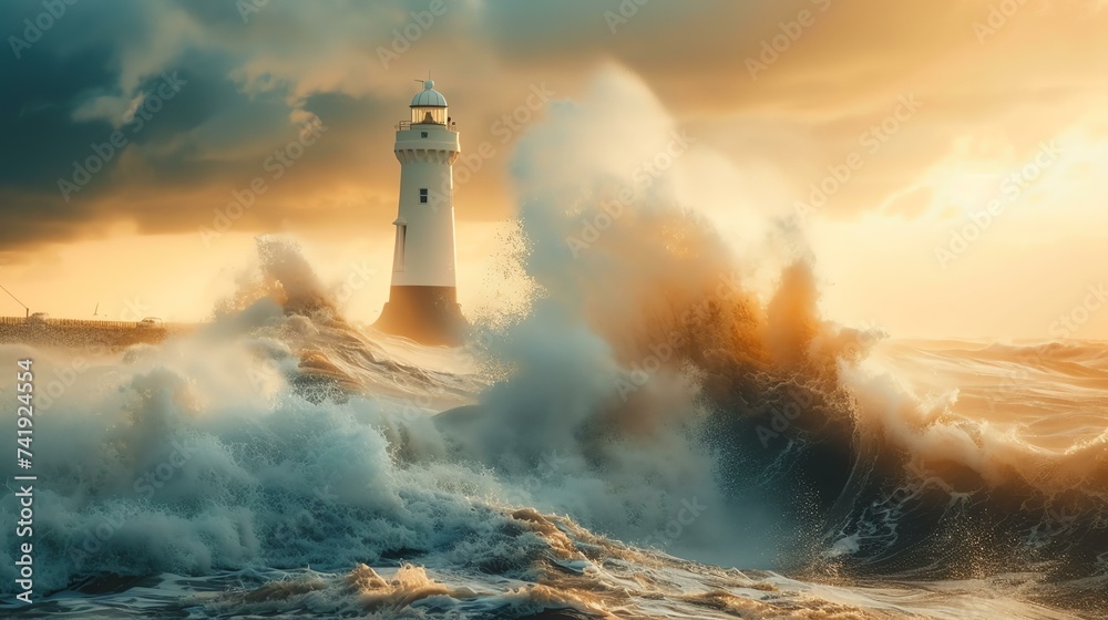 Dramatic seascape with crashing waves against a stoic lighthouse, showcasing the awe-inspiring power and breathtaking beauty of nature during a fierce storm.