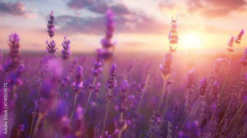 A mesmerizing lavender field bathed in the golden hues of sunset, reminiscent of a dreamy and romantic scene. The soft lighting and vibrant colors create a peaceful and calming atmosphere. photo