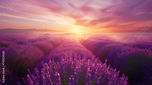 A mesmerizing lavender field bathed in the golden hues of sunset  reminiscent of a dreamy and romantic scene. The soft lighting and vibrant colors create a peaceful and calming atmosphere.